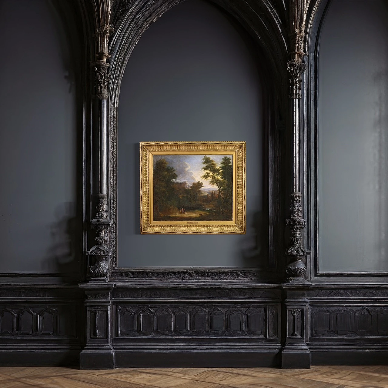 Flemish landscape painting with 17th century figures, the apparition 13