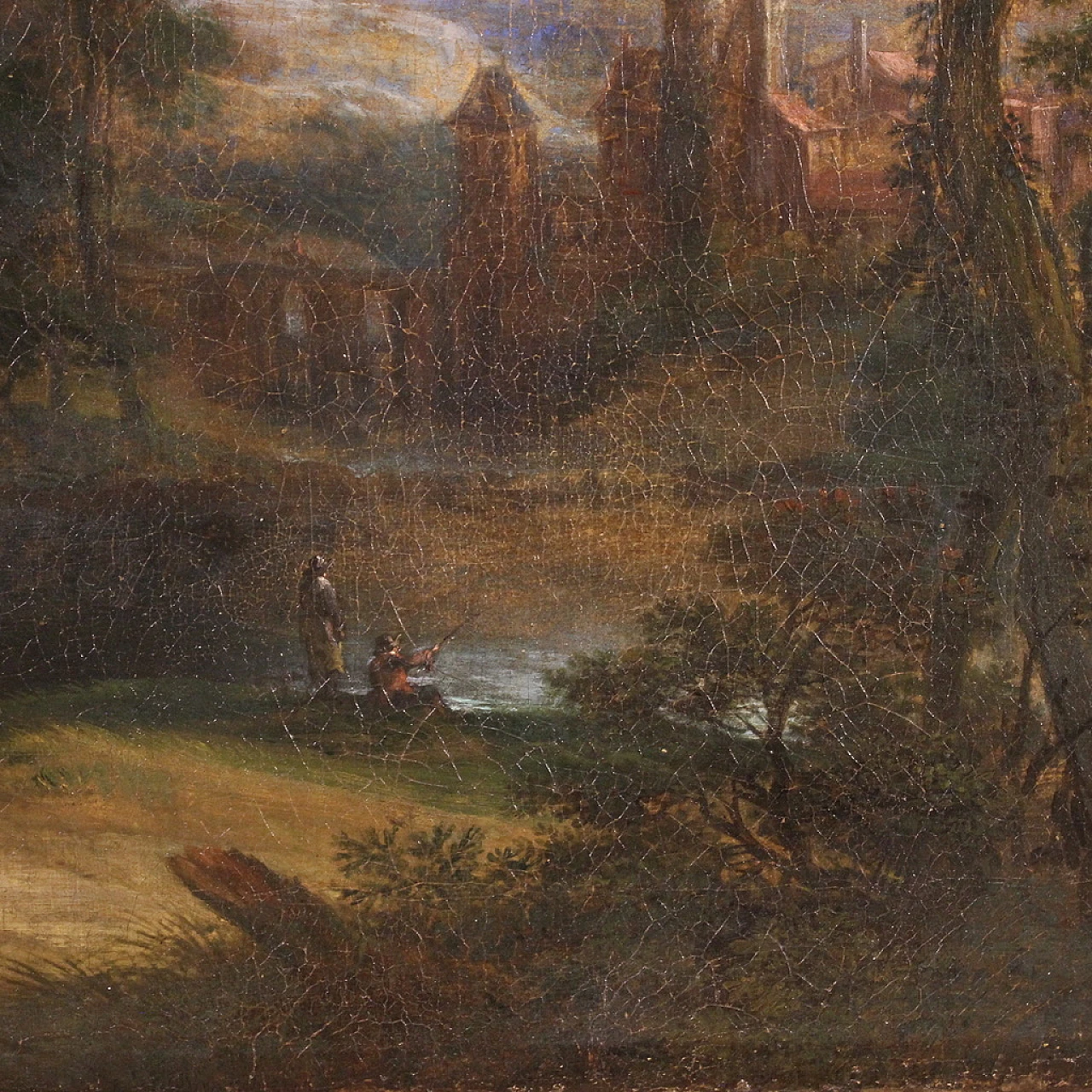 Flemish landscape painting with 17th century figures, the apparition 14