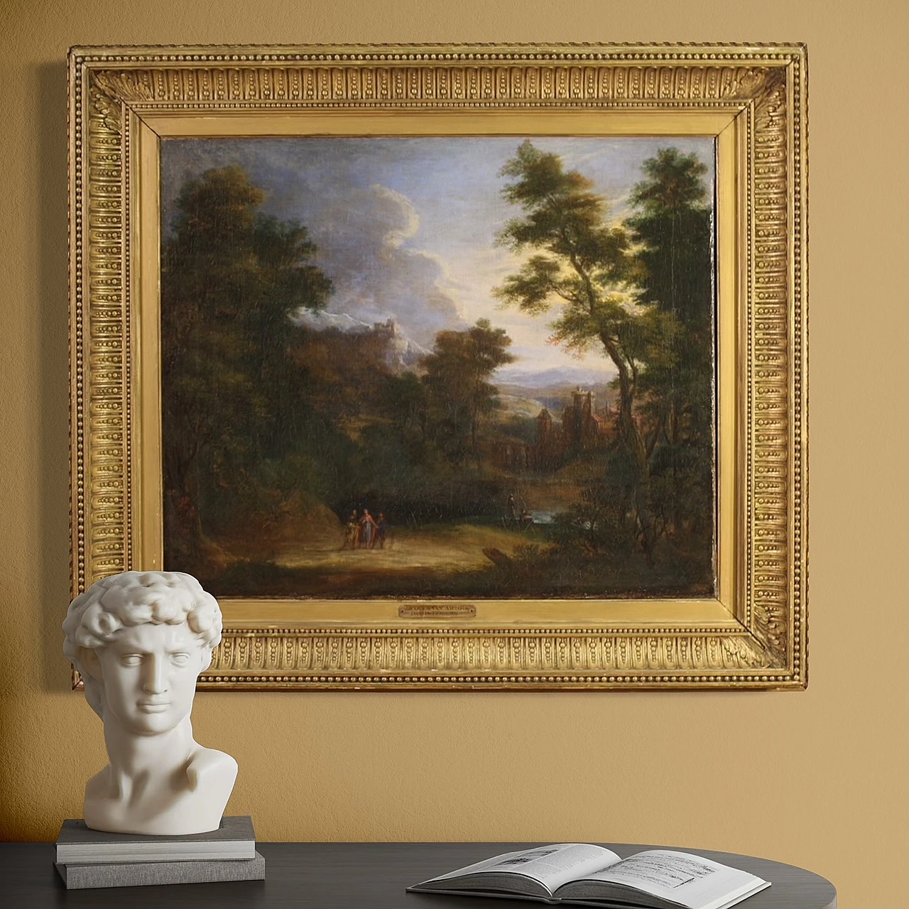 Flemish landscape painting with 17th century figures, the apparition 15