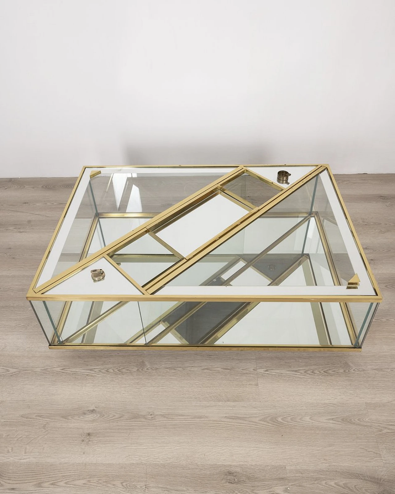 Tavolo vintage in ottone dorato e cristallo, Italia, anni '60