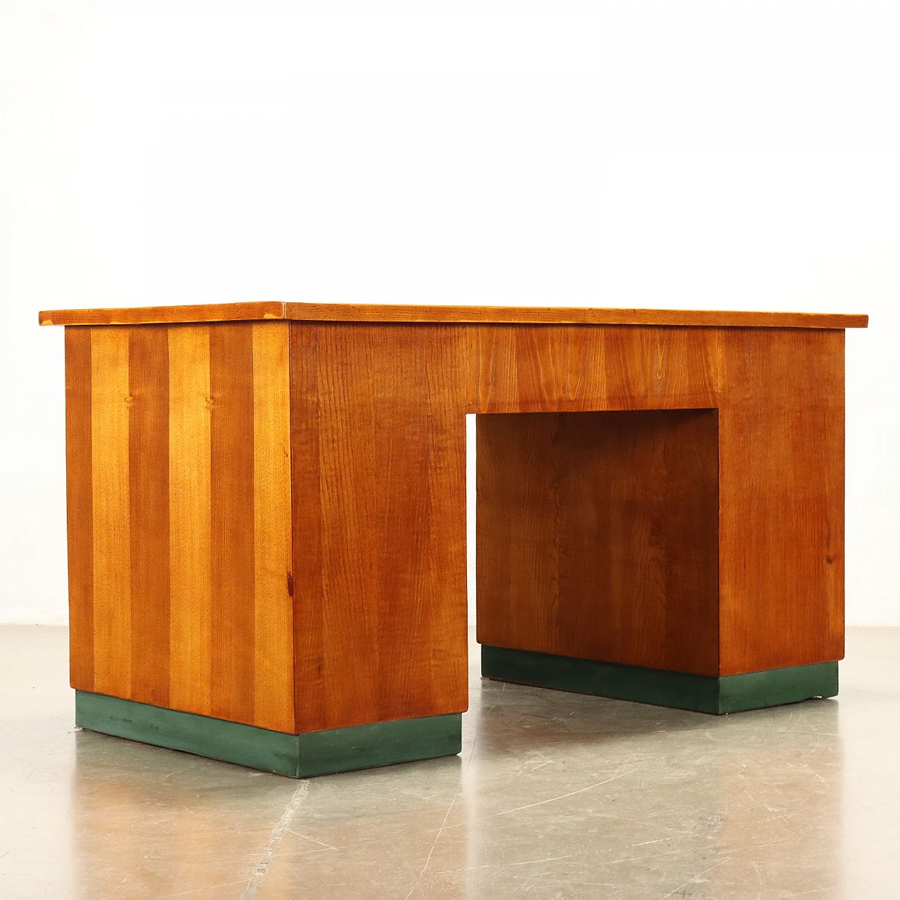 Scrivania in legno impiallacciato rovere con piano in linoleum, anni '40 9