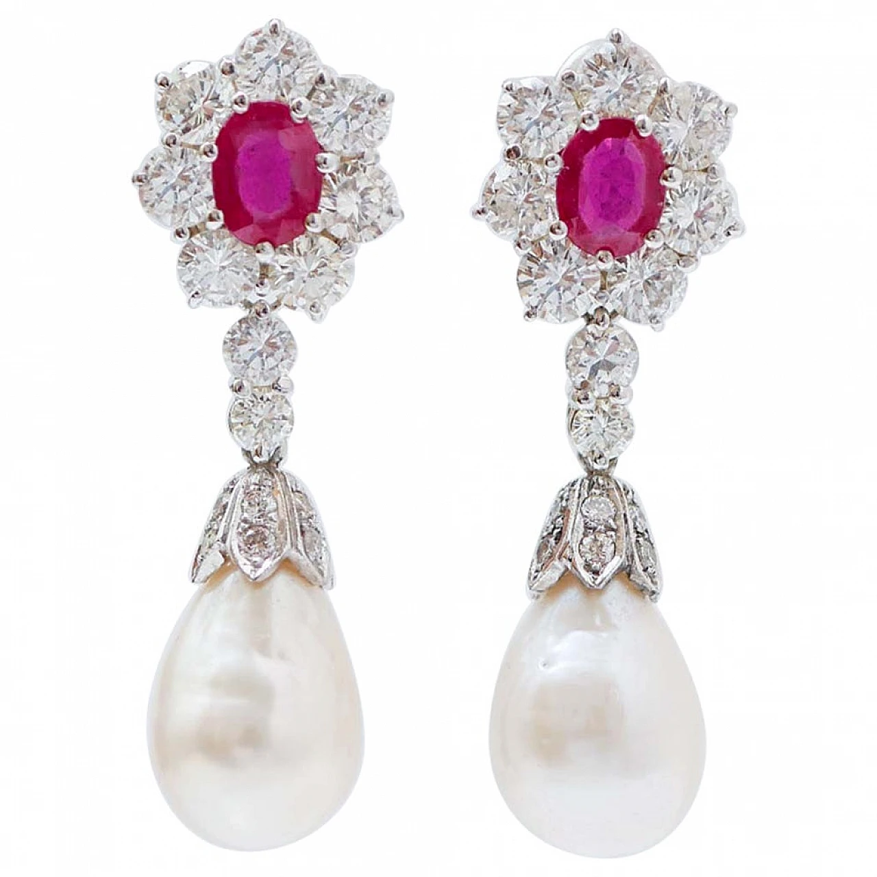 Orecchini con diamanti, rubini, perle, platino e oro, anni '70 1