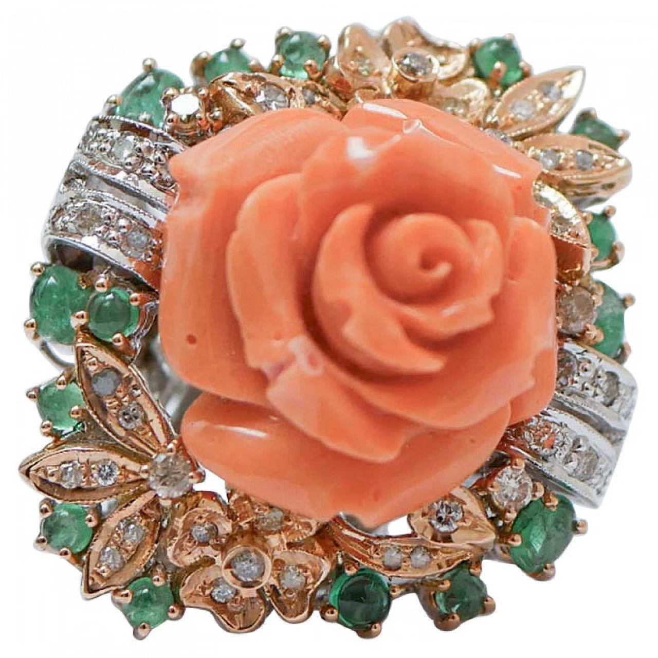 White gold ring with coral, emeralds, diamonds, 1960s 1