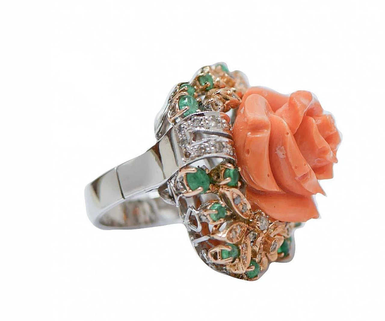 White gold ring with coral, emeralds, diamonds, 1960s 2