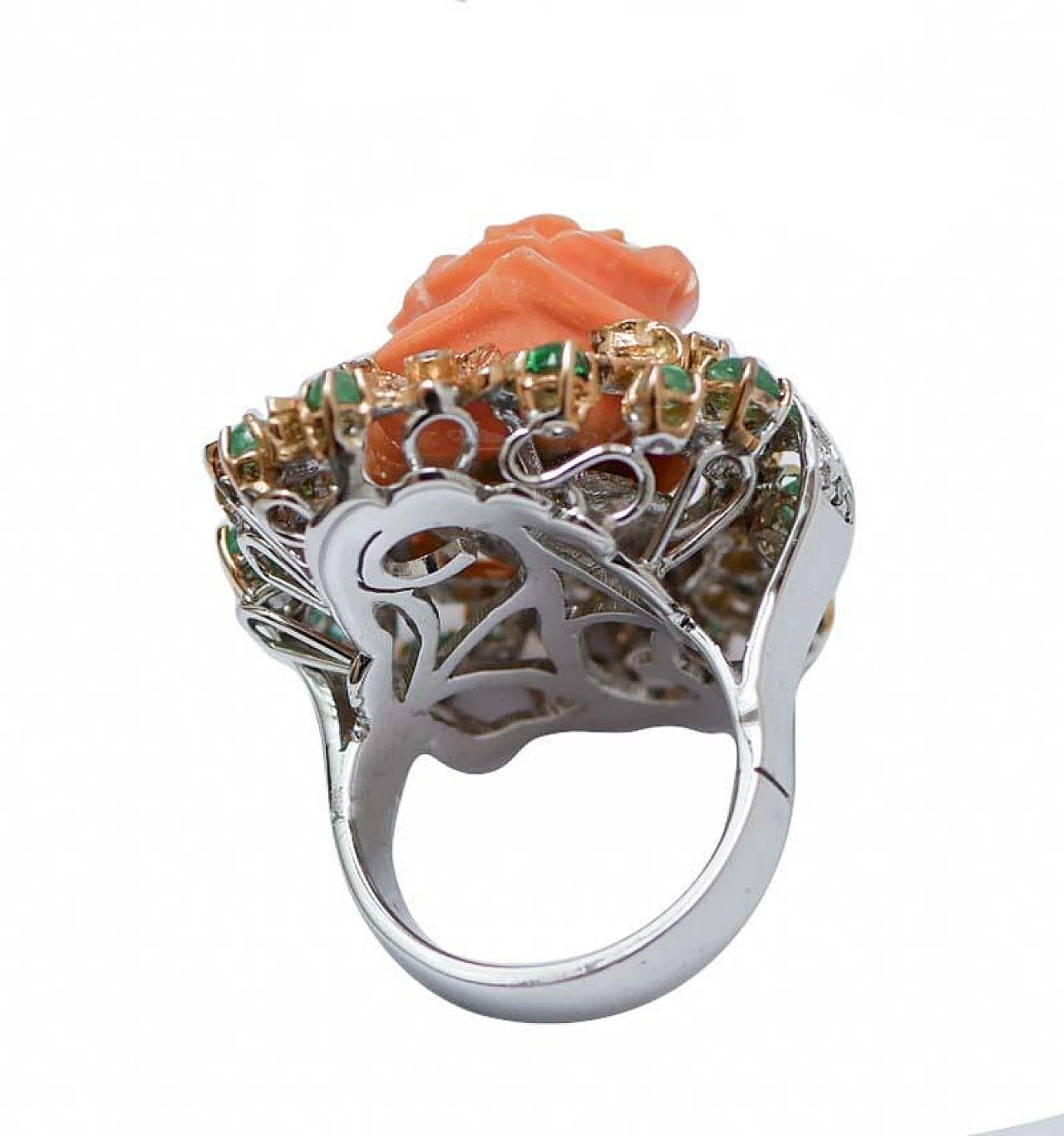 White gold ring with coral, emeralds, diamonds, 1960s 3