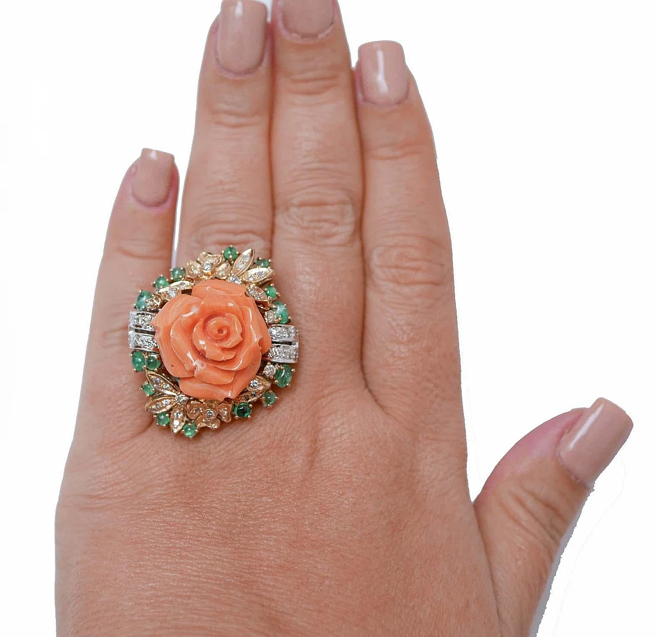 White gold ring with coral, emeralds, diamonds, 1960s 4