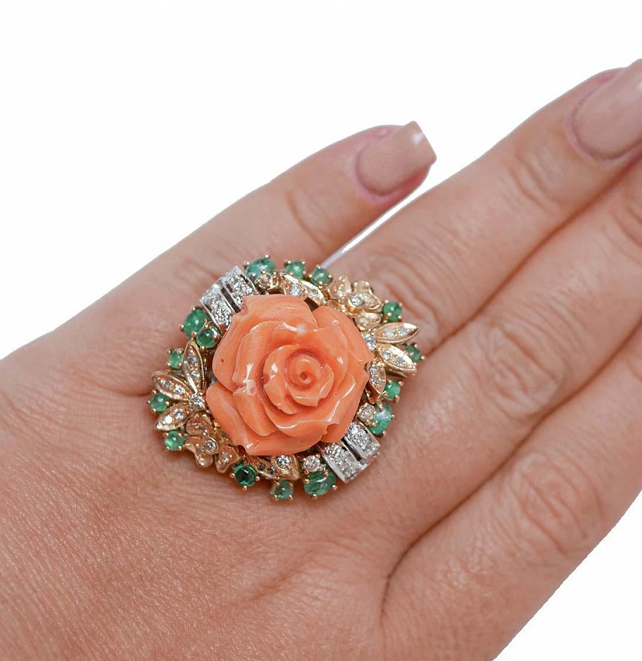 White gold ring with coral, emeralds, diamonds, 1960s 5