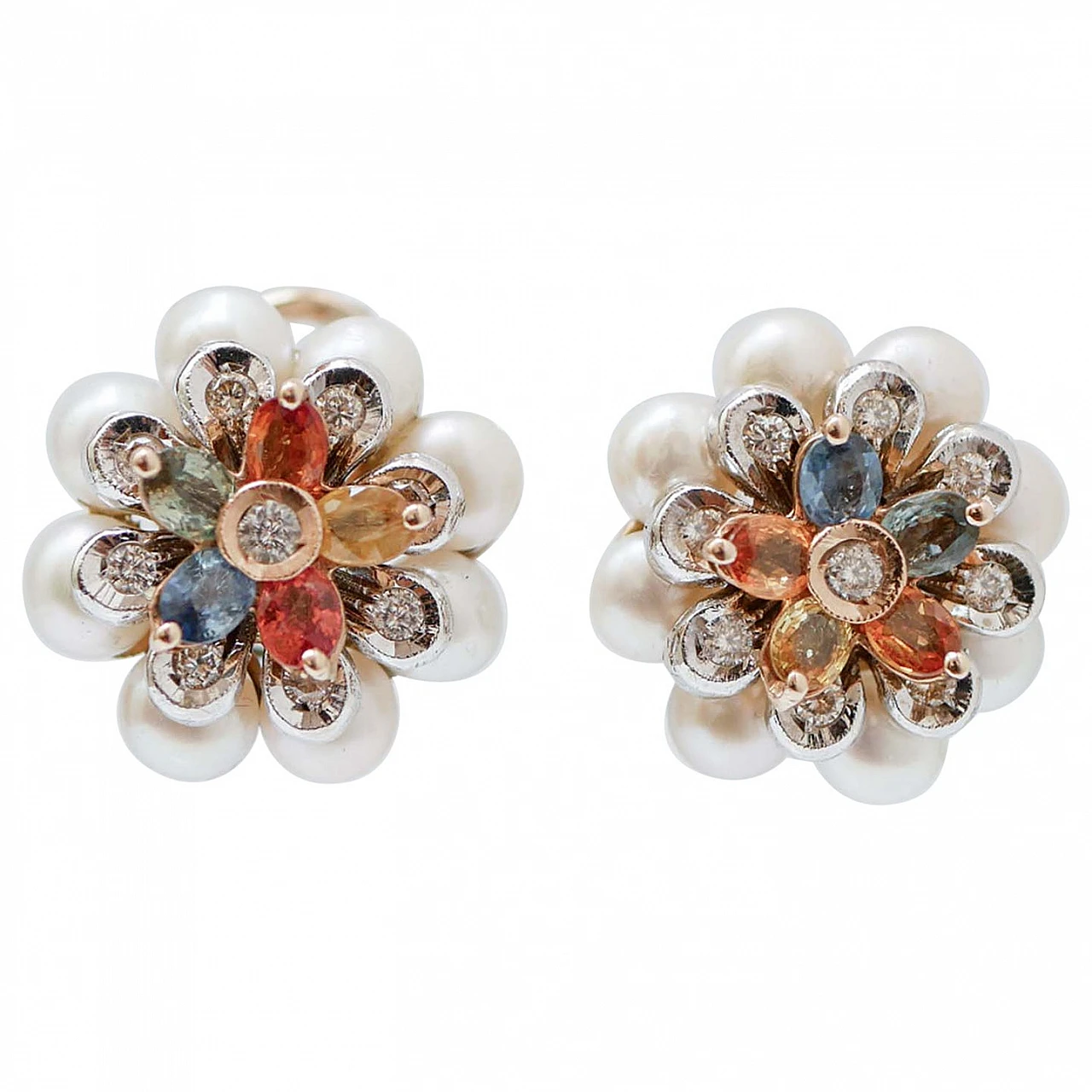 Orecchini a fiore in oro con zaffiri, diamanti e perle, anni '80 1