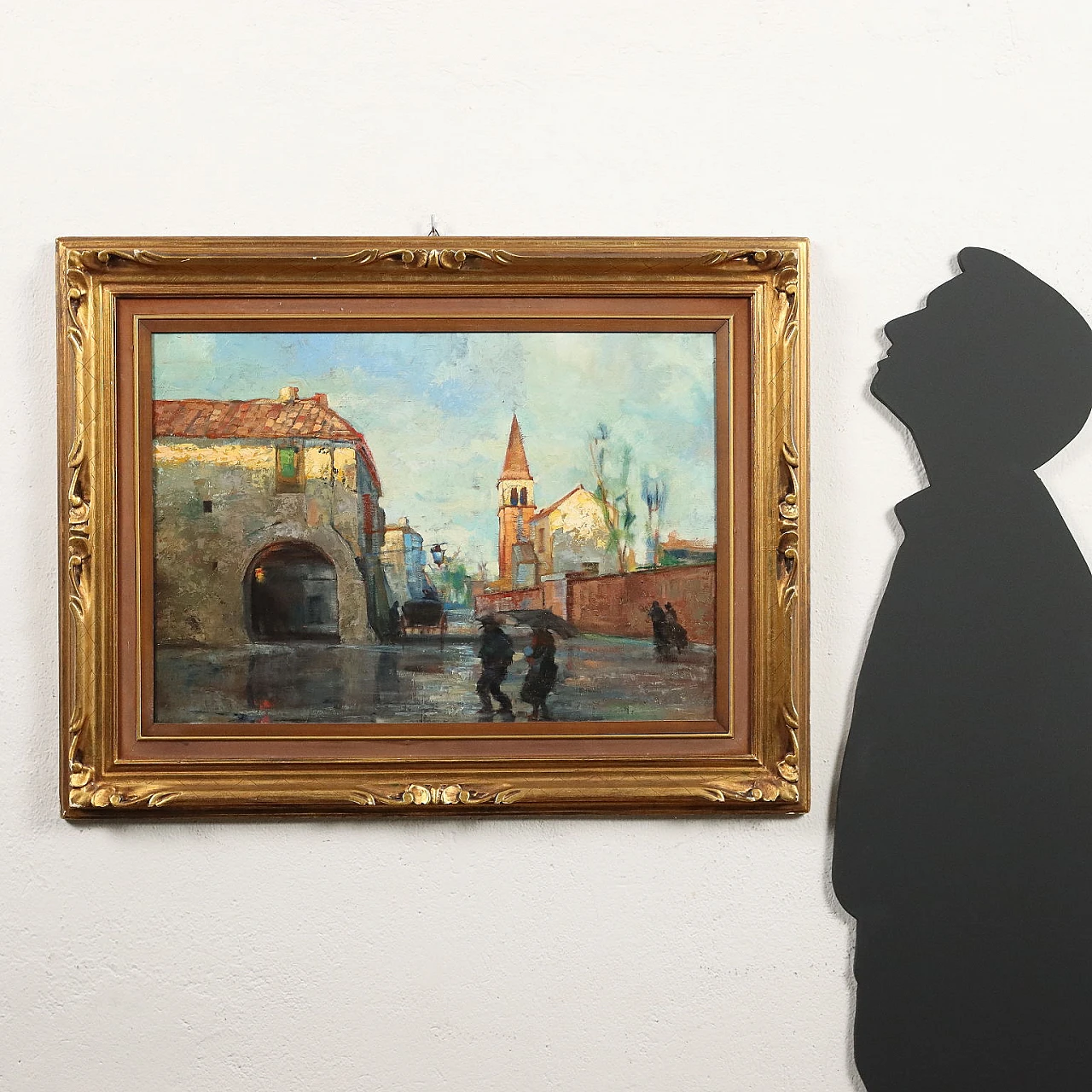 Vittore Antonio Cargnel, glimpse of village with figures, oil painting on panel 2