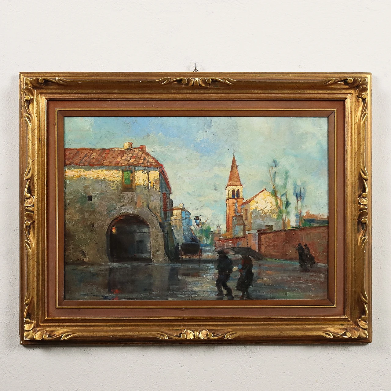 Vittore Antonio Cargnel, glimpse of village with figures, oil painting on panel 3