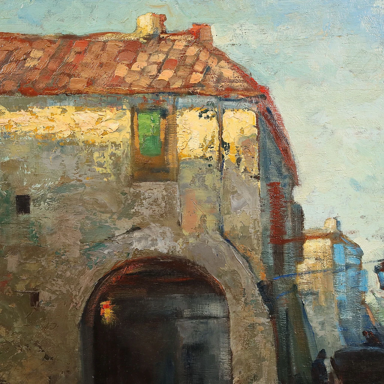Vittore Antonio Cargnel, glimpse of village with figures, oil painting on panel 4