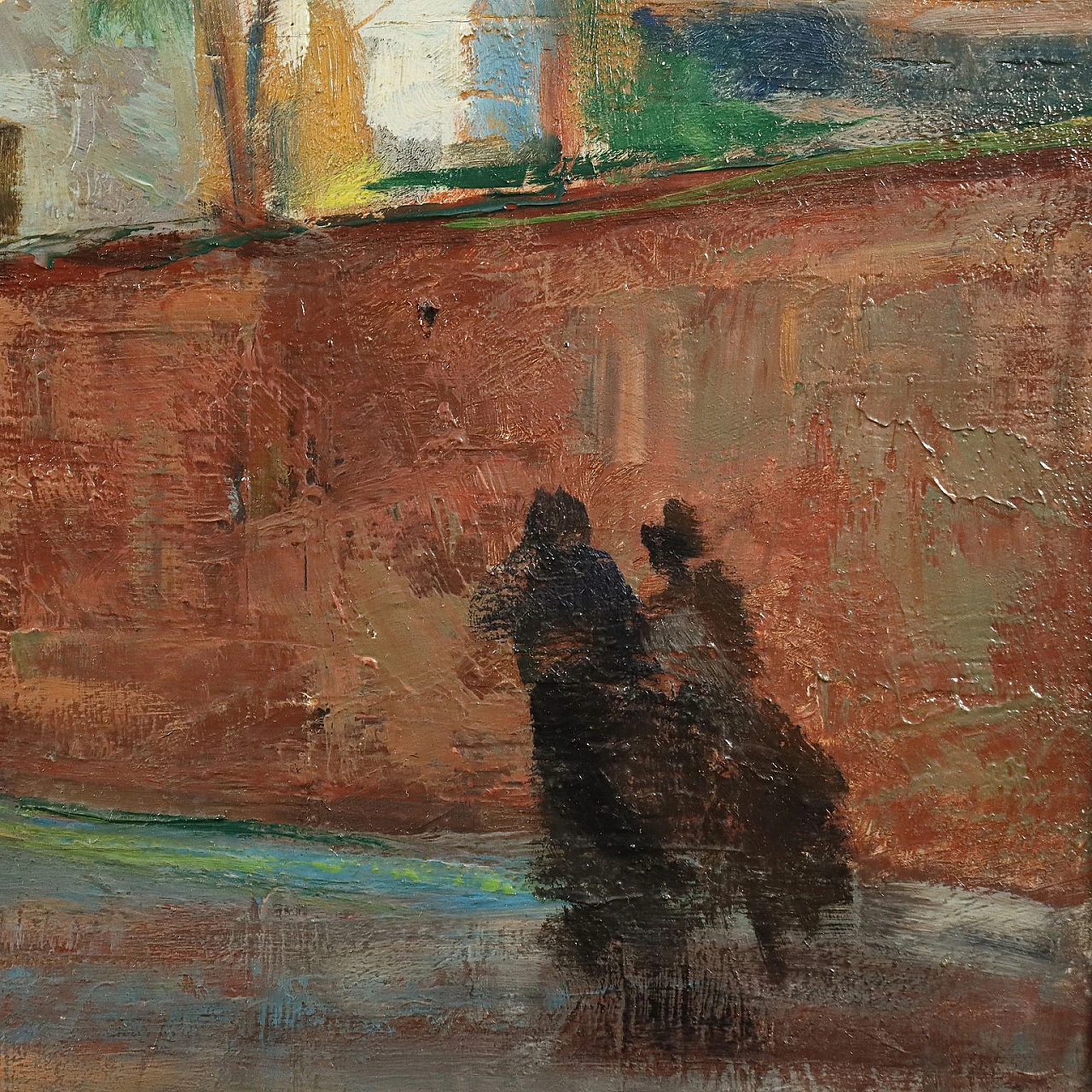 Vittore Antonio Cargnel, glimpse of village with figures, oil painting on panel 6