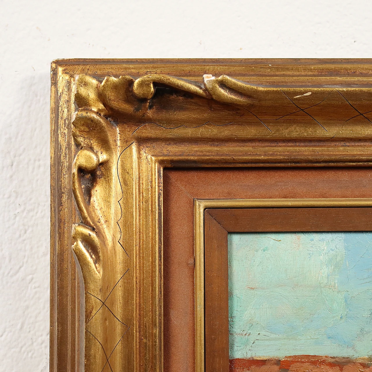 Vittore Antonio Cargnel, glimpse of village with figures, oil painting on panel 8