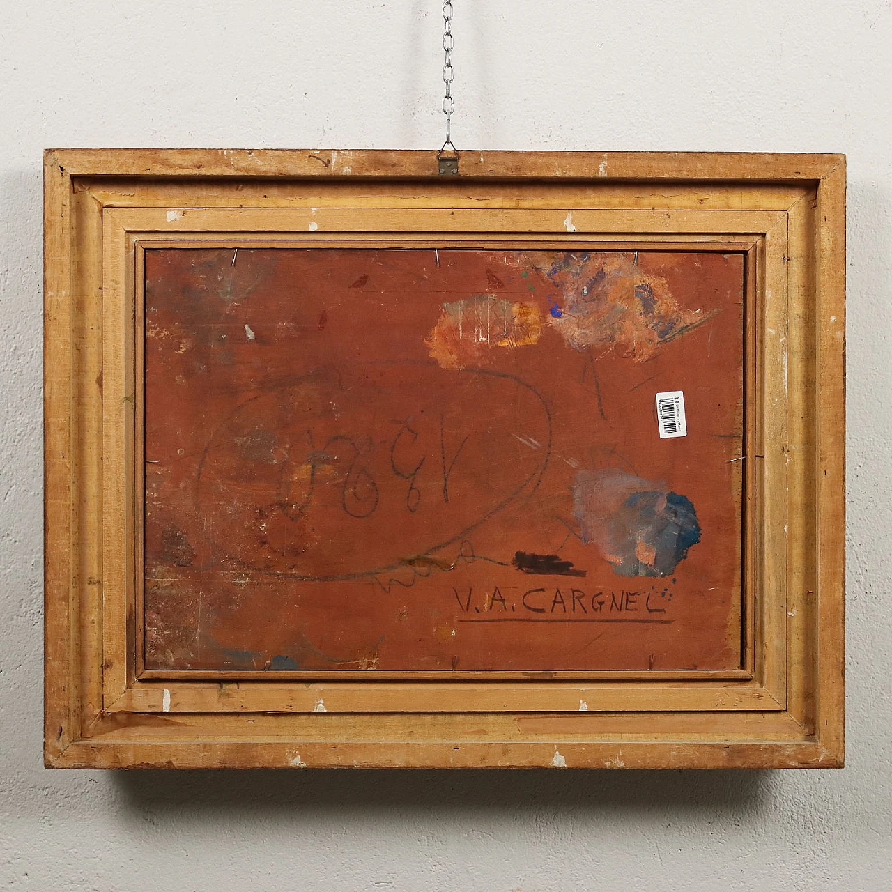 Vittore Antonio Cargnel, glimpse of village with figures, oil painting on panel 10