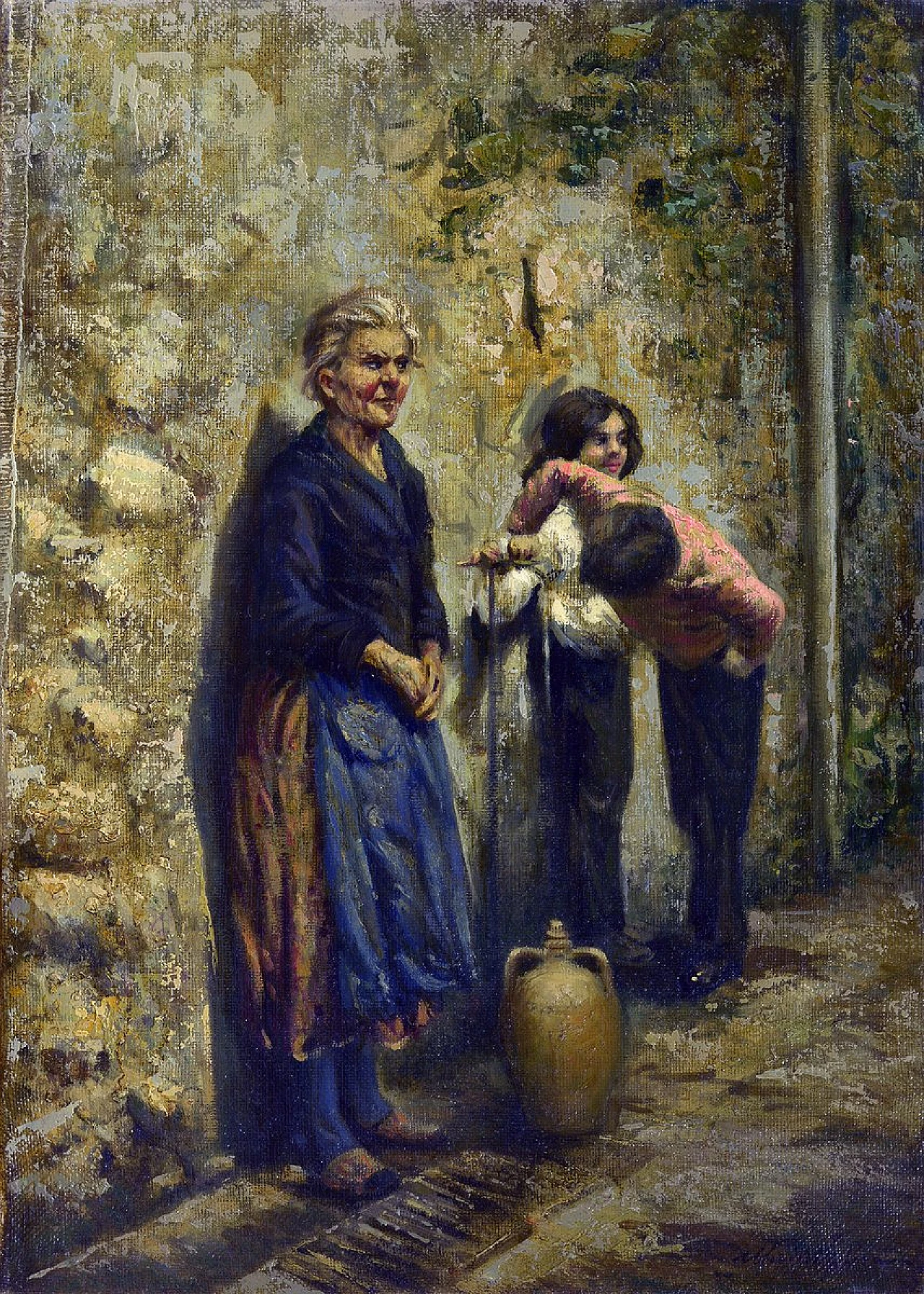 Rustic scene at the fountain, oil on canvas by Marino Faliero, 1990s 1