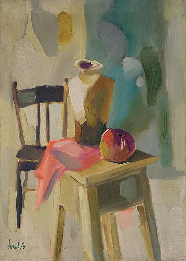 Natura morta modernista di Amar Cheriet, olio su tela, anni '60