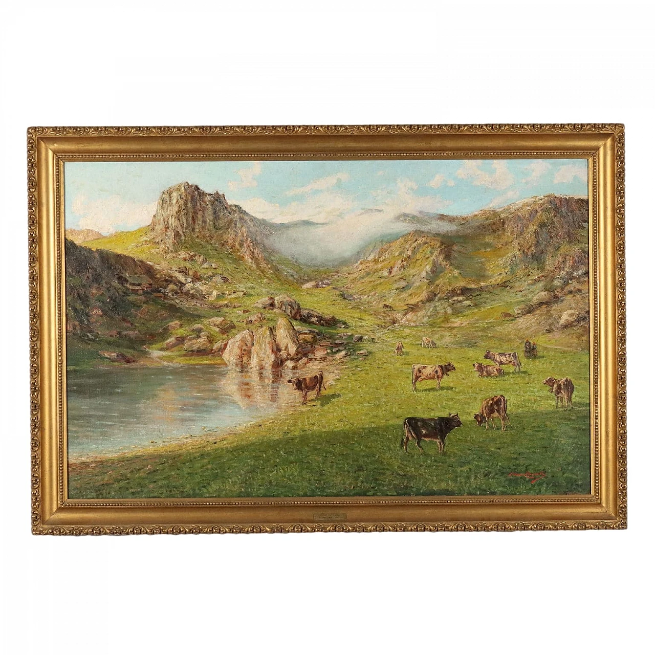 Oscar Casali, Alpine pasture with cows, oil on canvas, 19th century 1