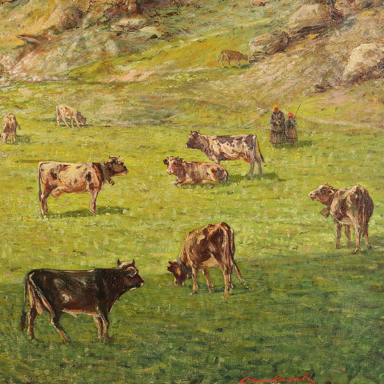 Oscar Casali, Alpine pasture with cows, oil on canvas, 19th century 3