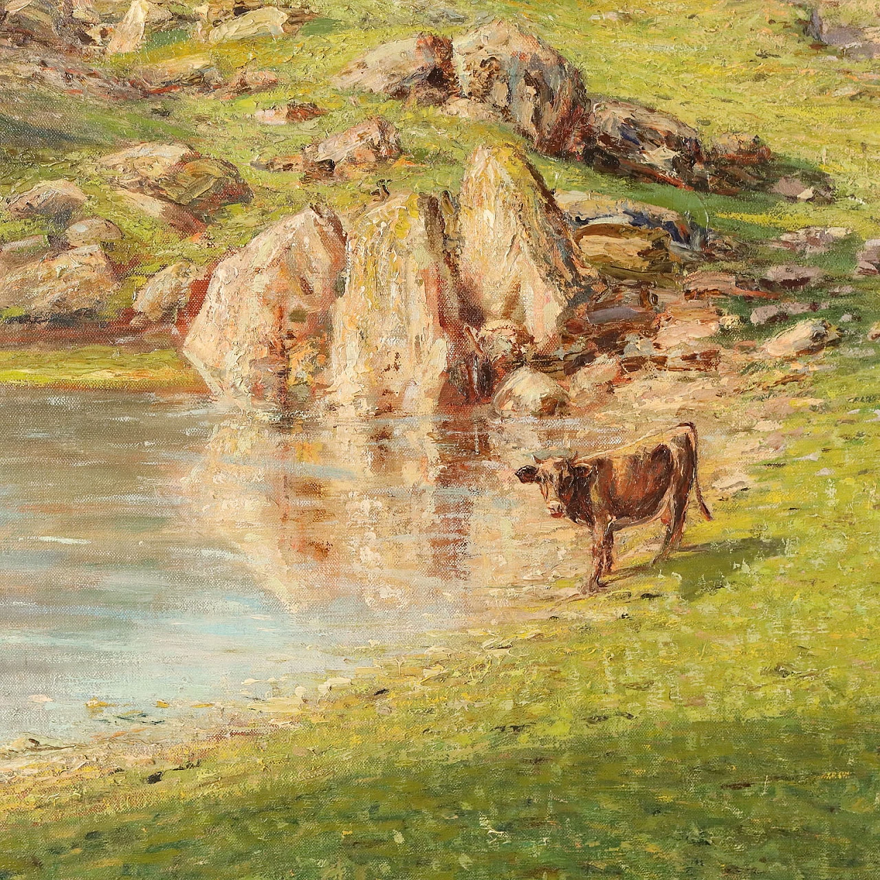 Oscar Casali, Alpine pasture with cows, oil on canvas, 19th century 4