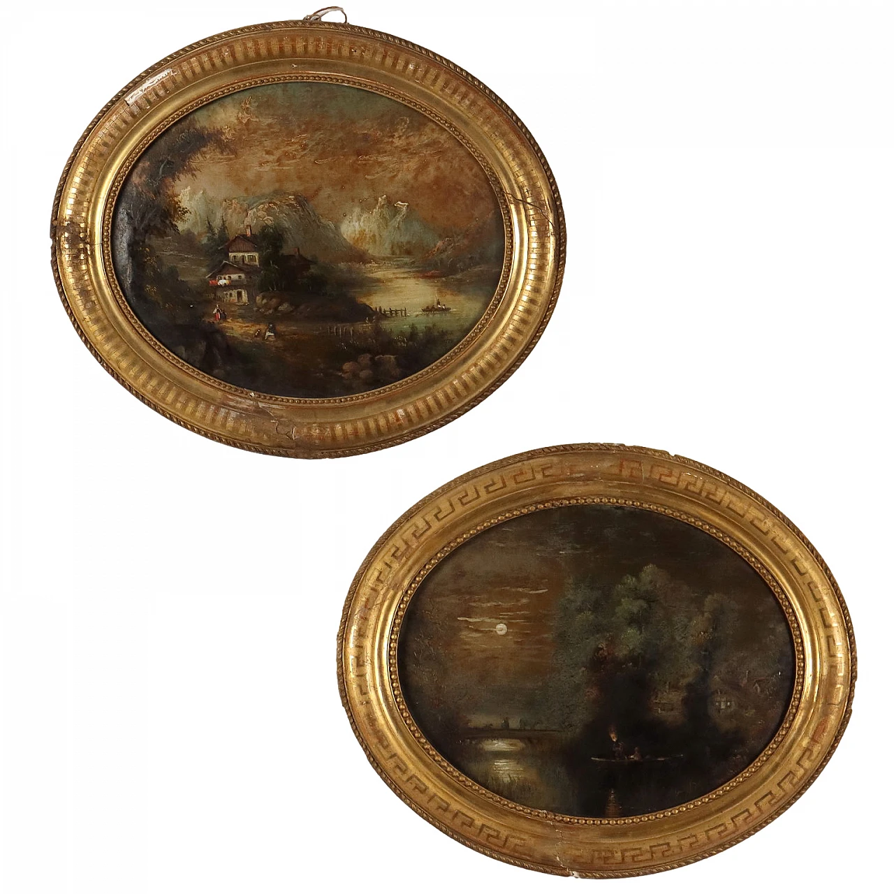 Landscapes with figures, pair of reverse glass paintings, 19th century 1