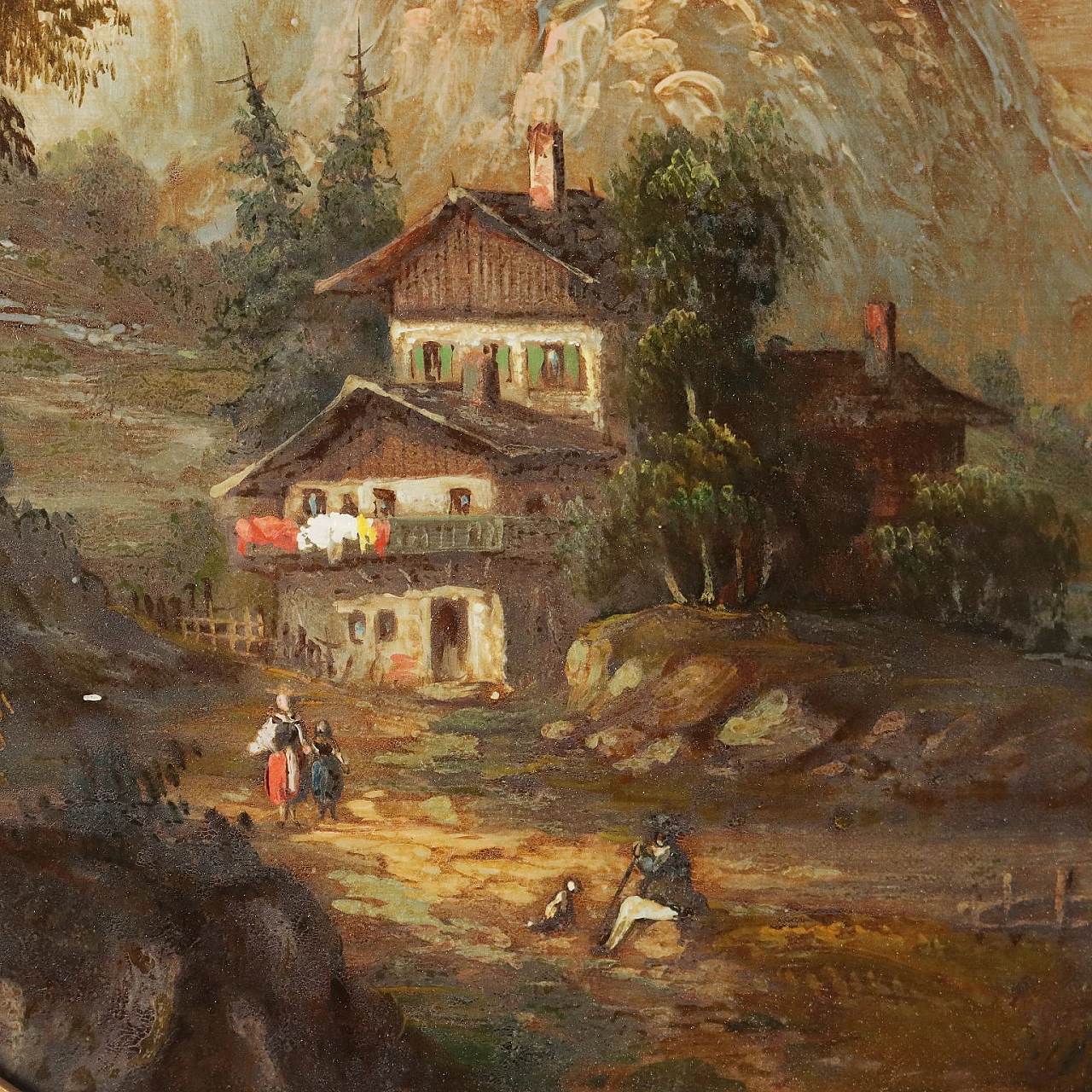 Landscapes with figures, pair of reverse glass paintings, 19th century 3