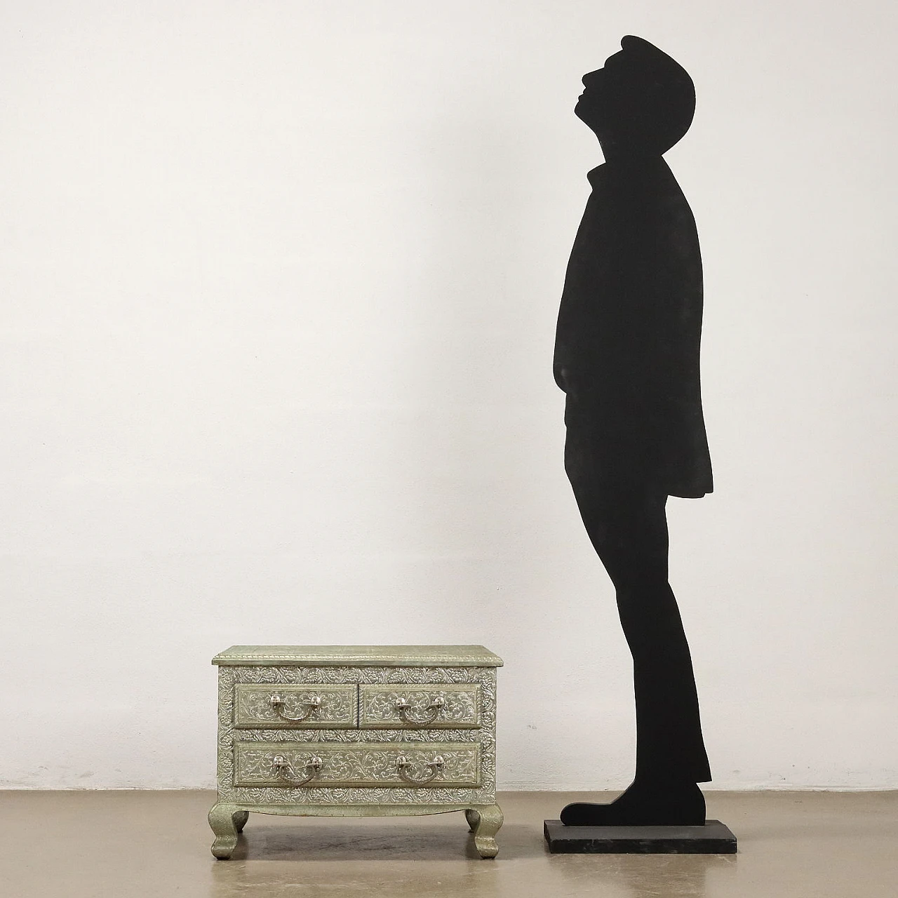 Pair of bedside tables covered with embossed silvered metal plate 2