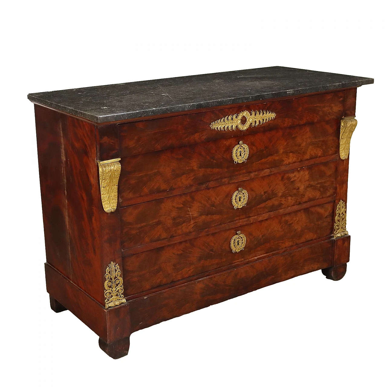 Cassettone Restaurazione francese in legno, marmo e bronzo, '800 1