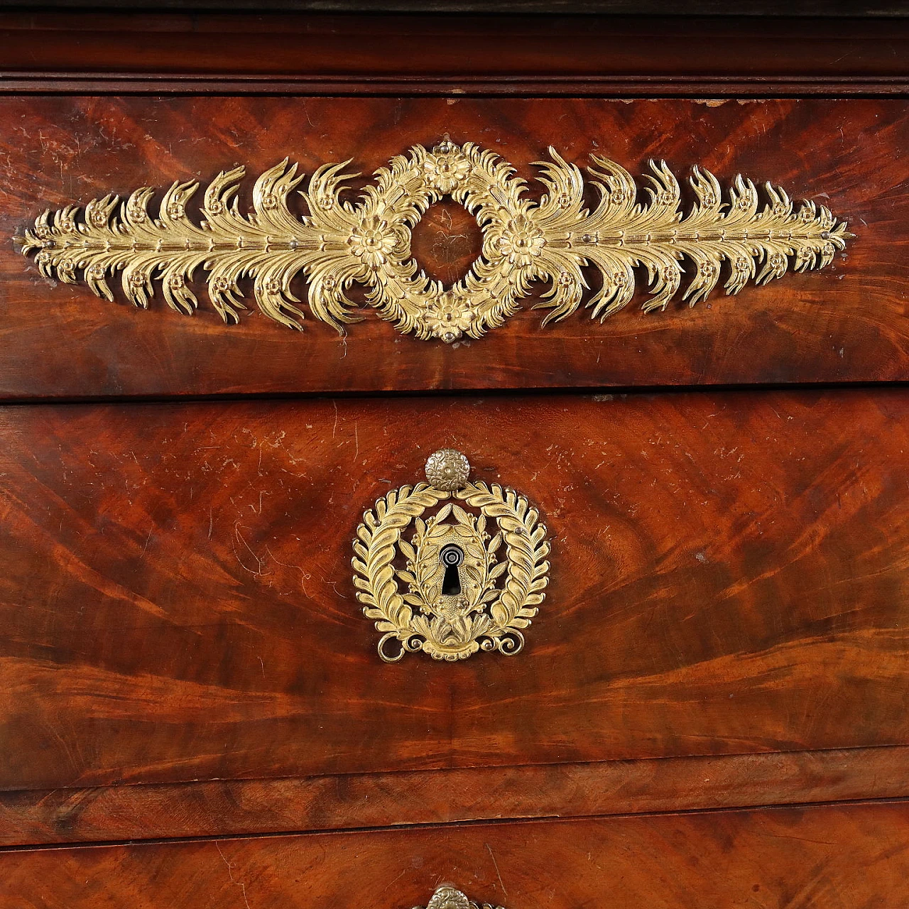 Cassettone Restaurazione francese in legno, marmo e bronzo, '800 6