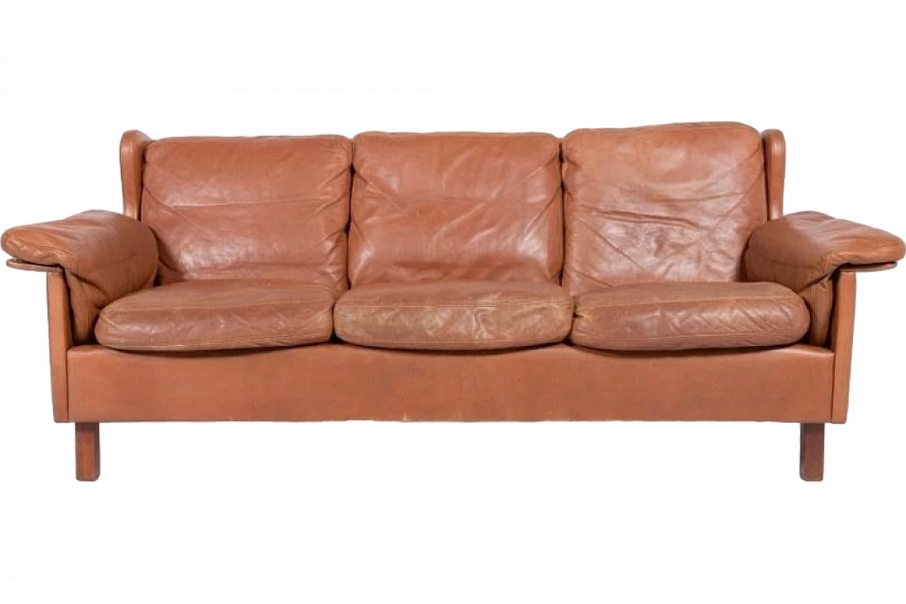 Danish cognac leather wing sofa, 1970s 10