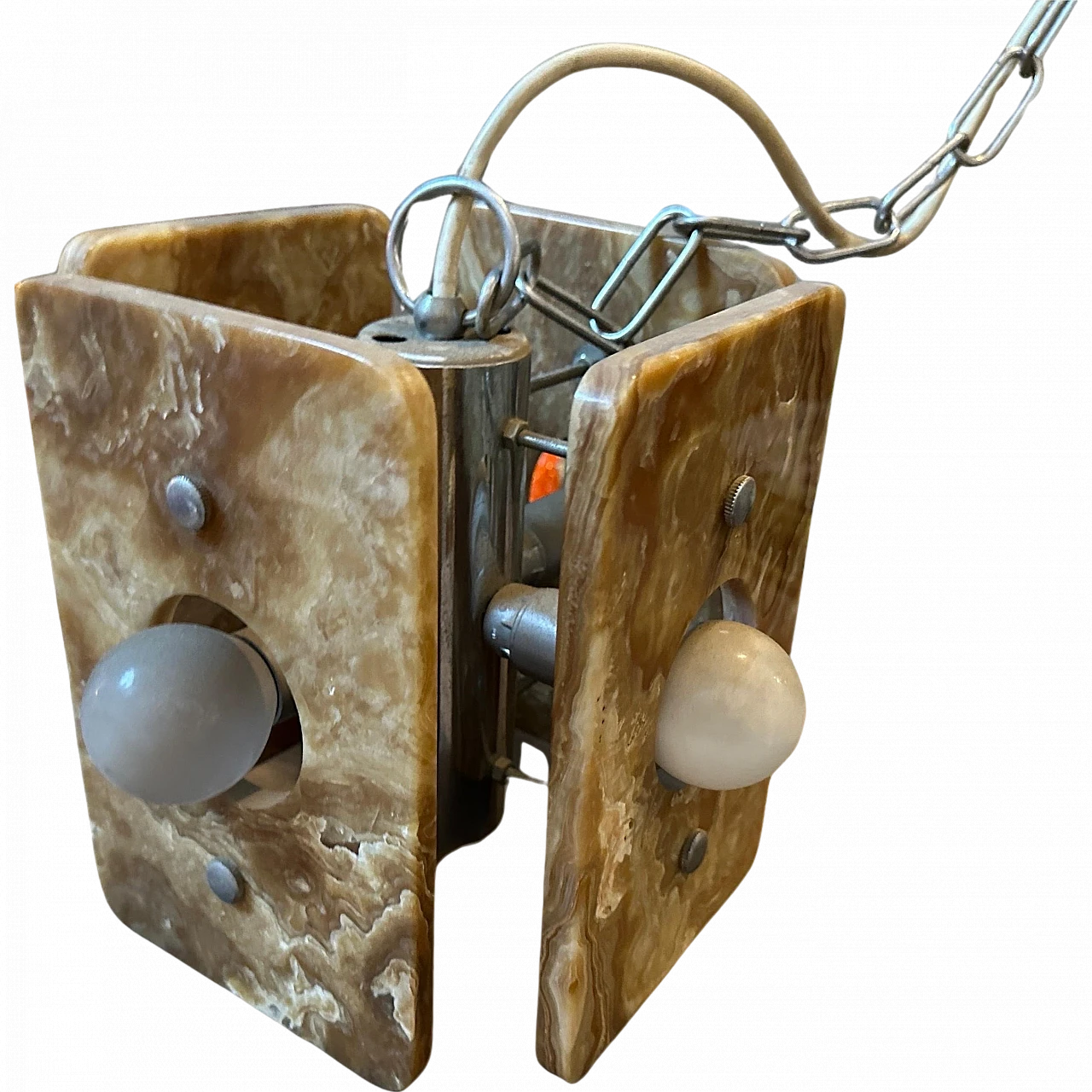 Lampadario quadrato in acciaio e onice marrone, anni '70 6