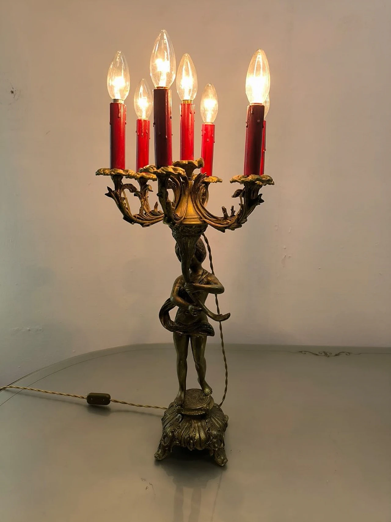 Lampada Putto a sei luci in bronzo, primo '900 1