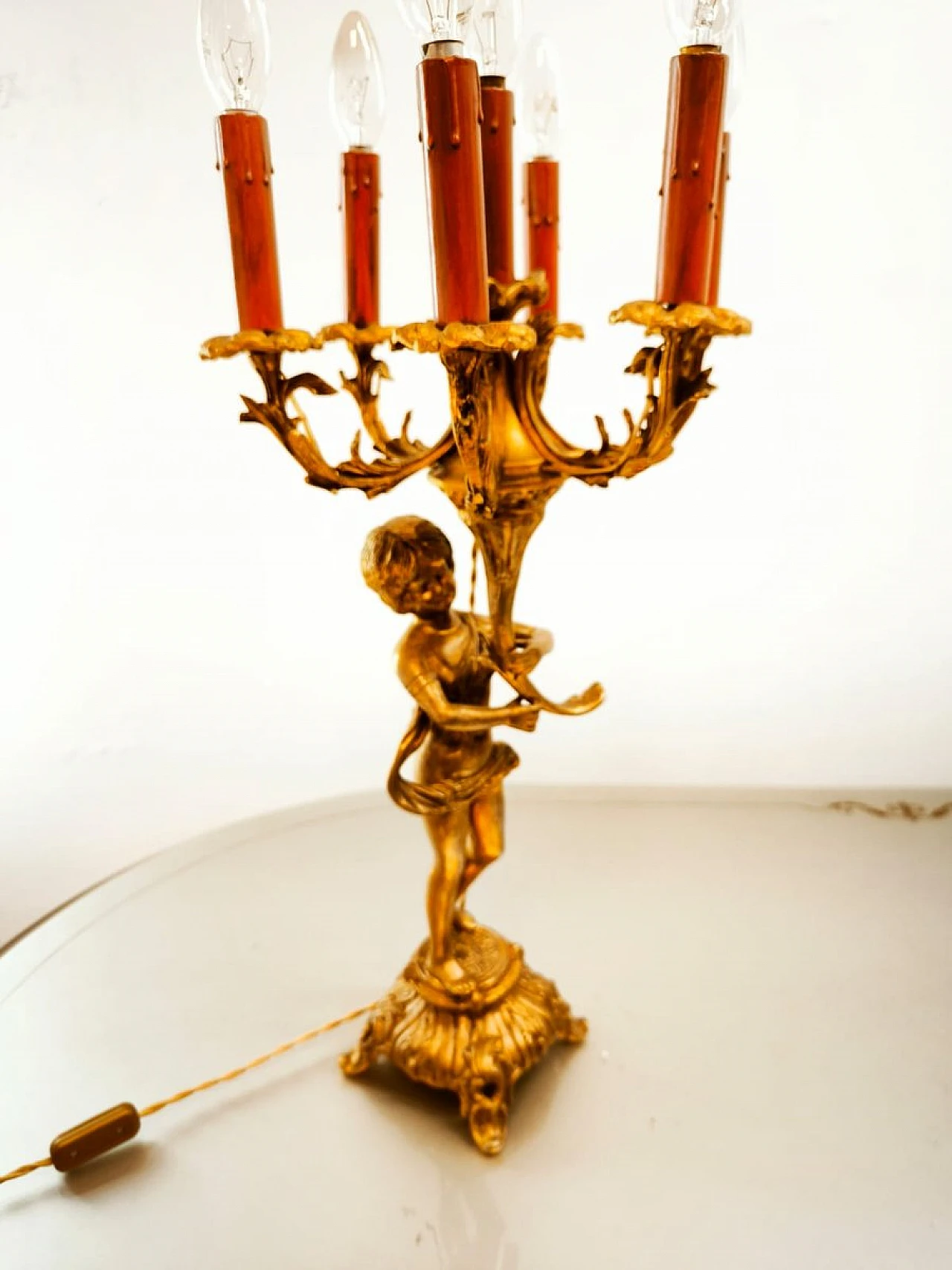 Lampada Putto a sei luci in bronzo, primo '900 2
