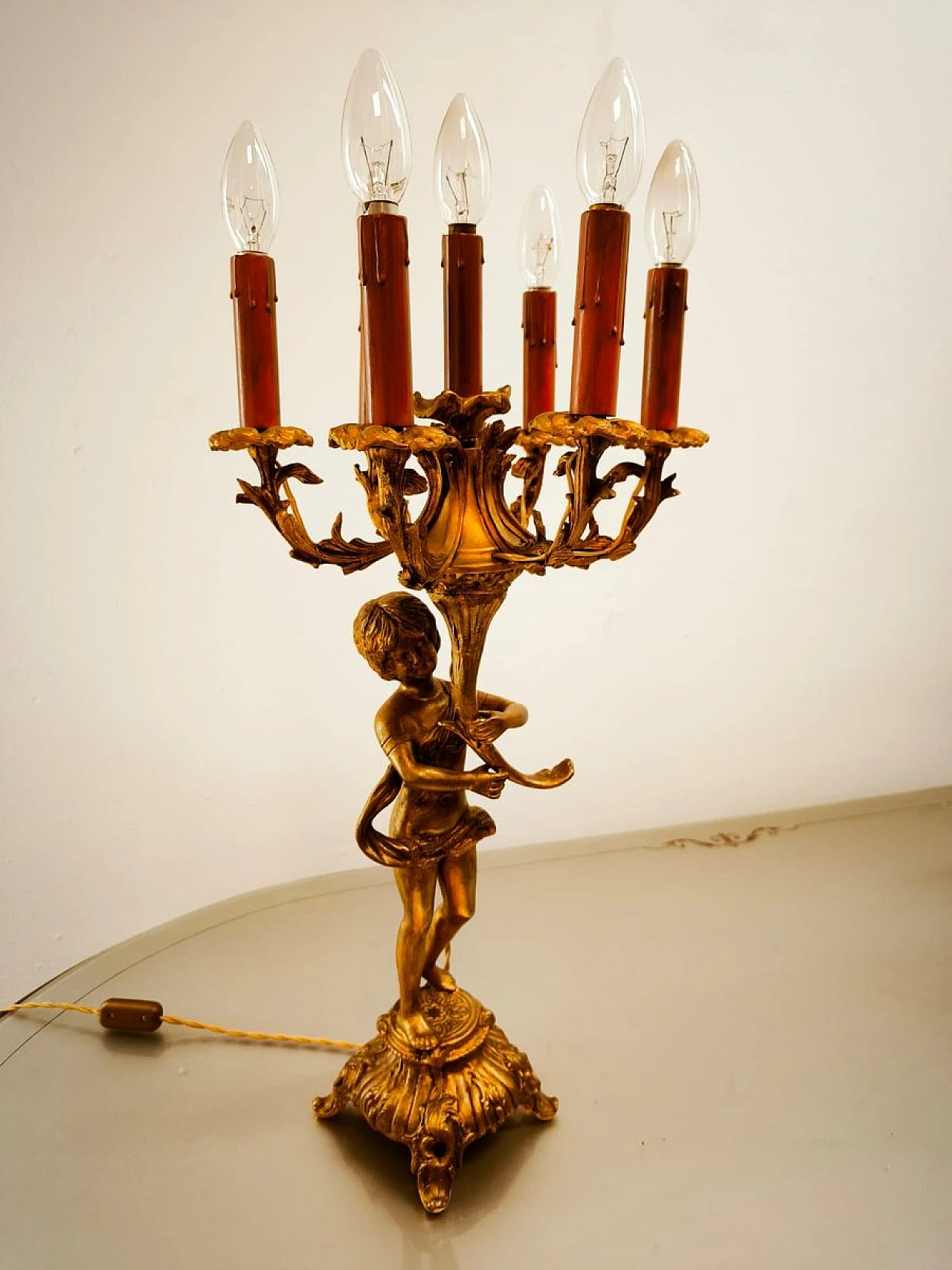Lampada Putto a sei luci in bronzo, primo '900 10