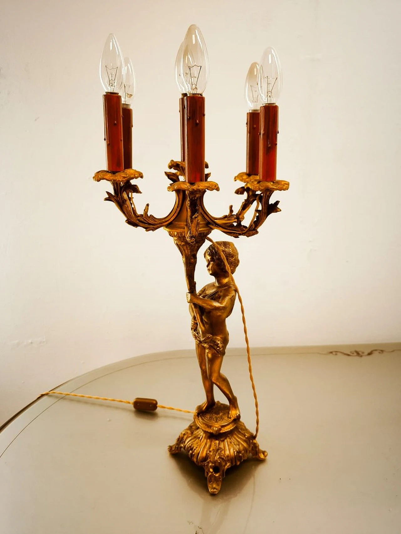 Lampada Putto a sei luci in bronzo, primo '900 11