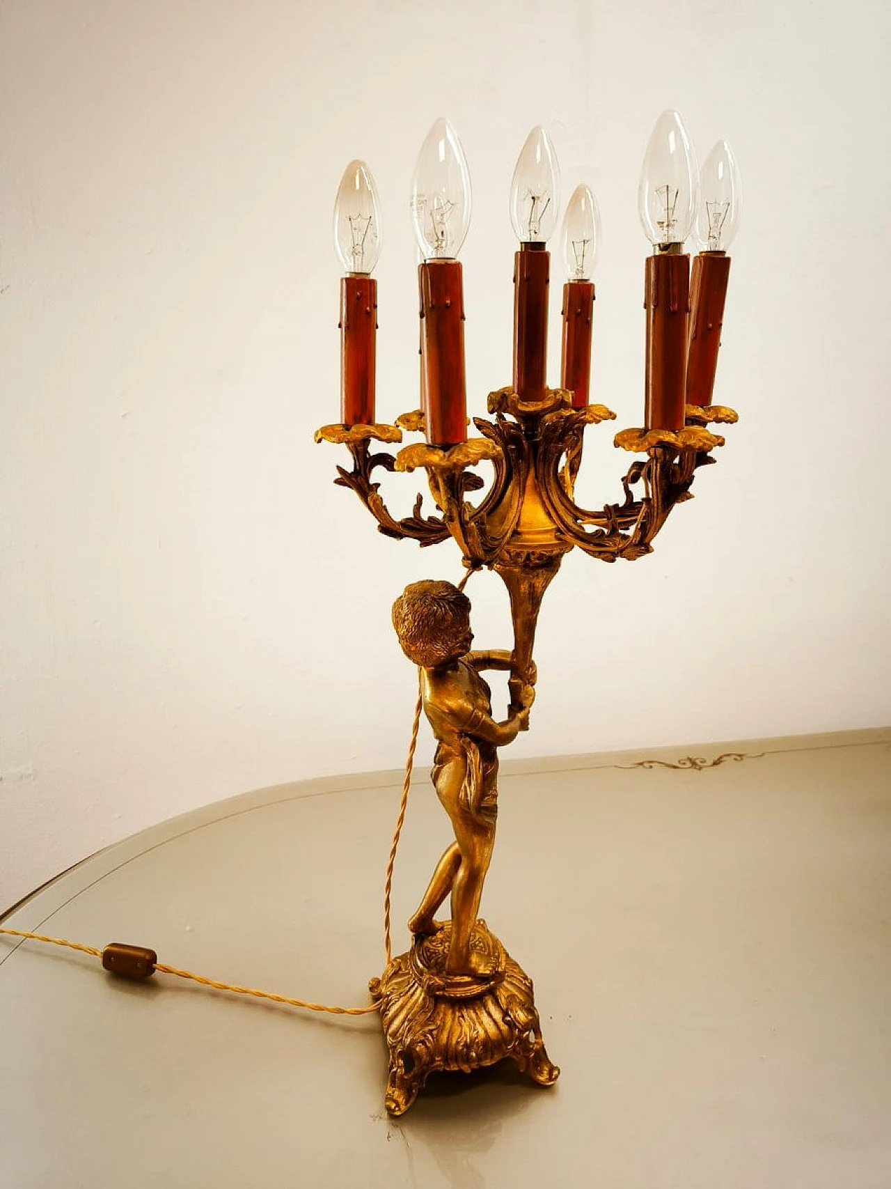 Lampada Putto a sei luci in bronzo, primo '900 12