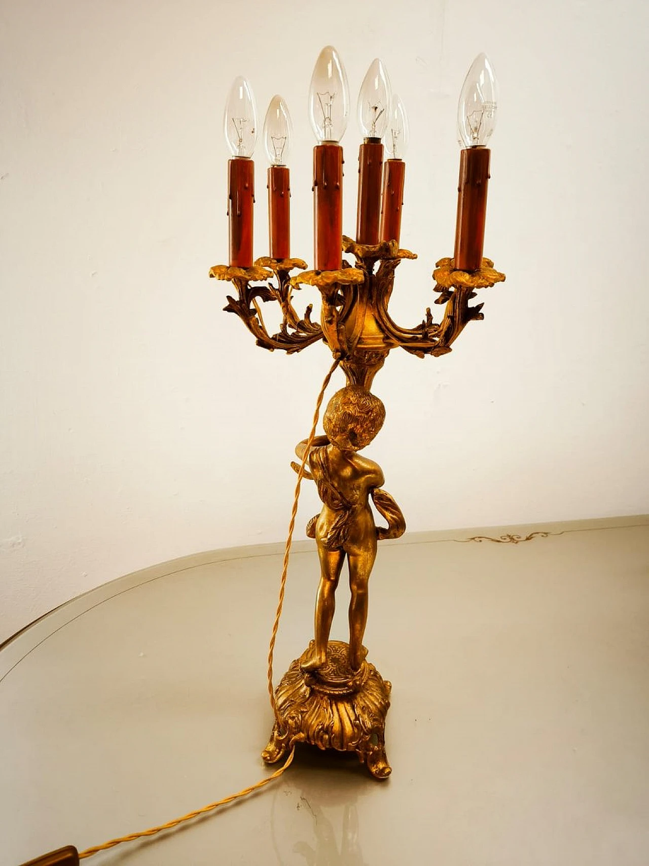 Lampada Putto a sei luci in bronzo, primo '900 15