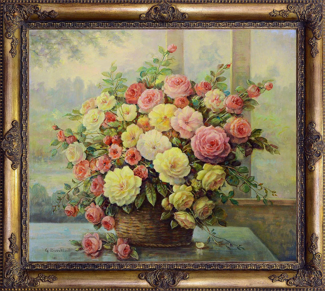 Cesto di fiori di Giovanni Bonetti, olio su tela con cornice, anni '80 1