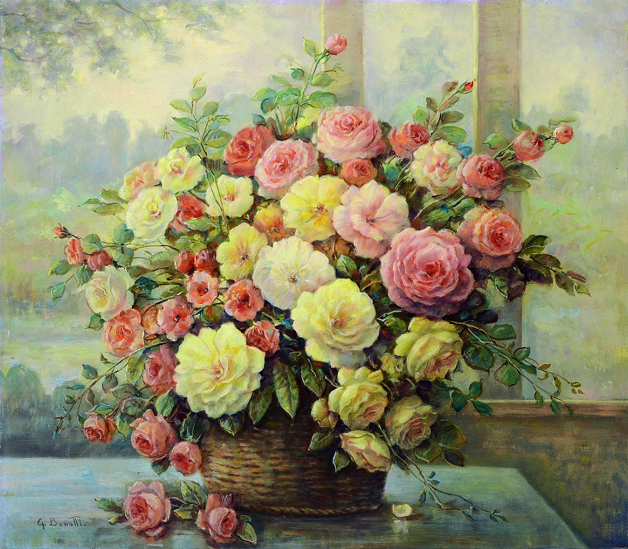 Cesto di fiori di Giovanni Bonetti, olio su tela con cornice, anni '80 2