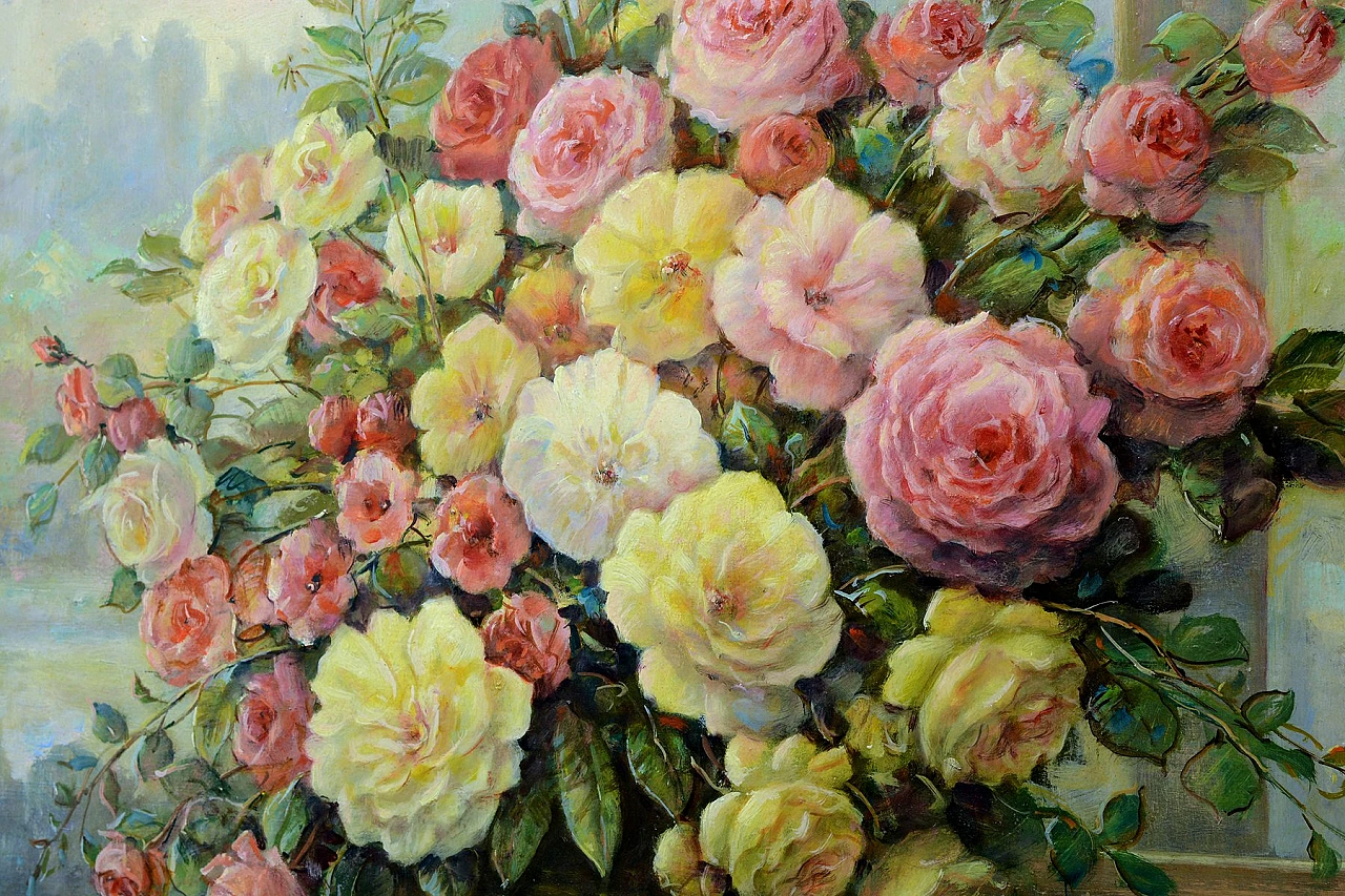 Cesto di fiori di Giovanni Bonetti, olio su tela con cornice, anni '80 3