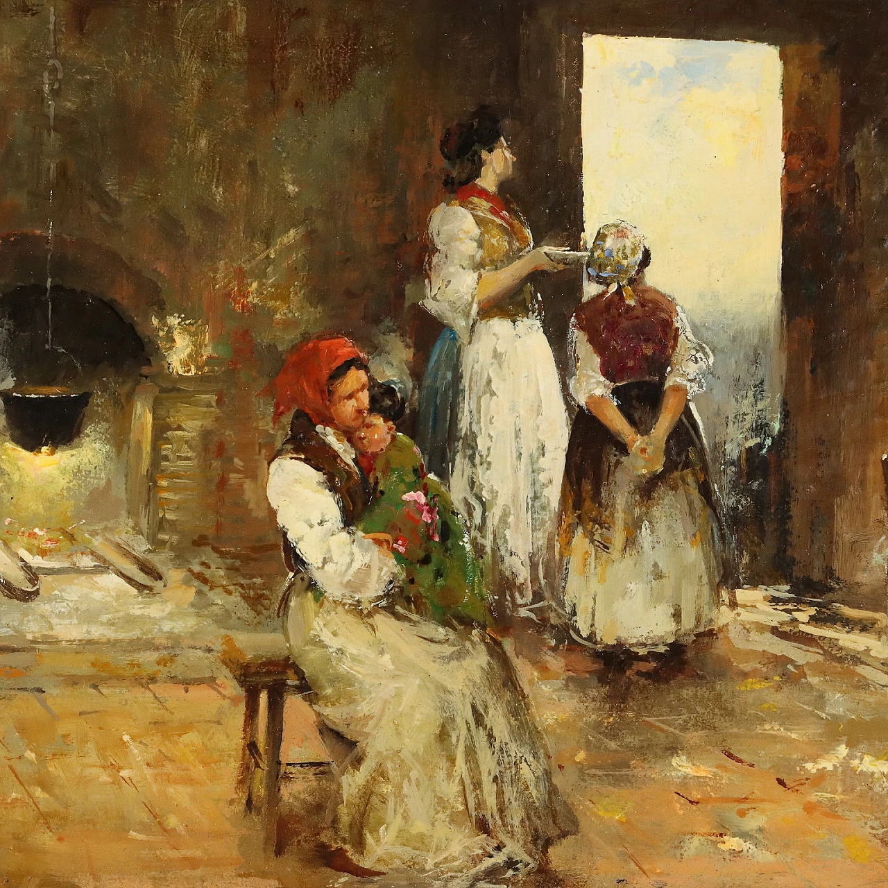 Scena d'interno con figure, olio su tela 3