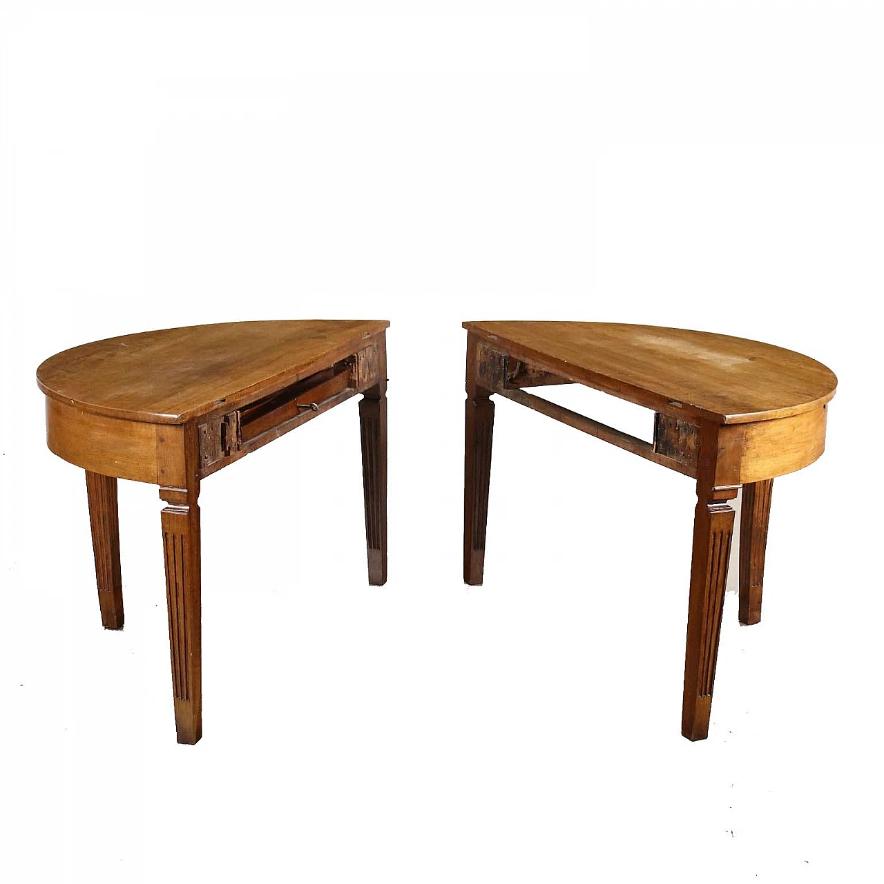 Pair of Directoire walnut half-moon consoles, late 18th century 1