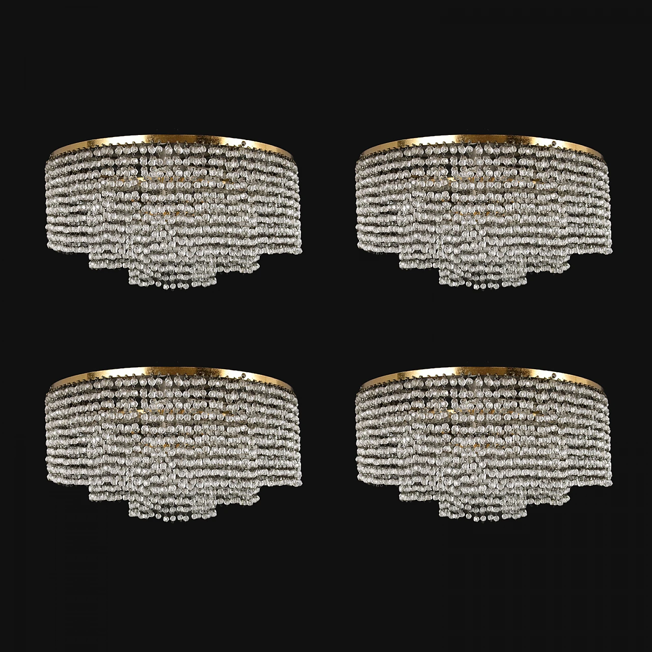 4 Lampadari a quattro luci con struttura a cascata in cristallo, anni '50 1