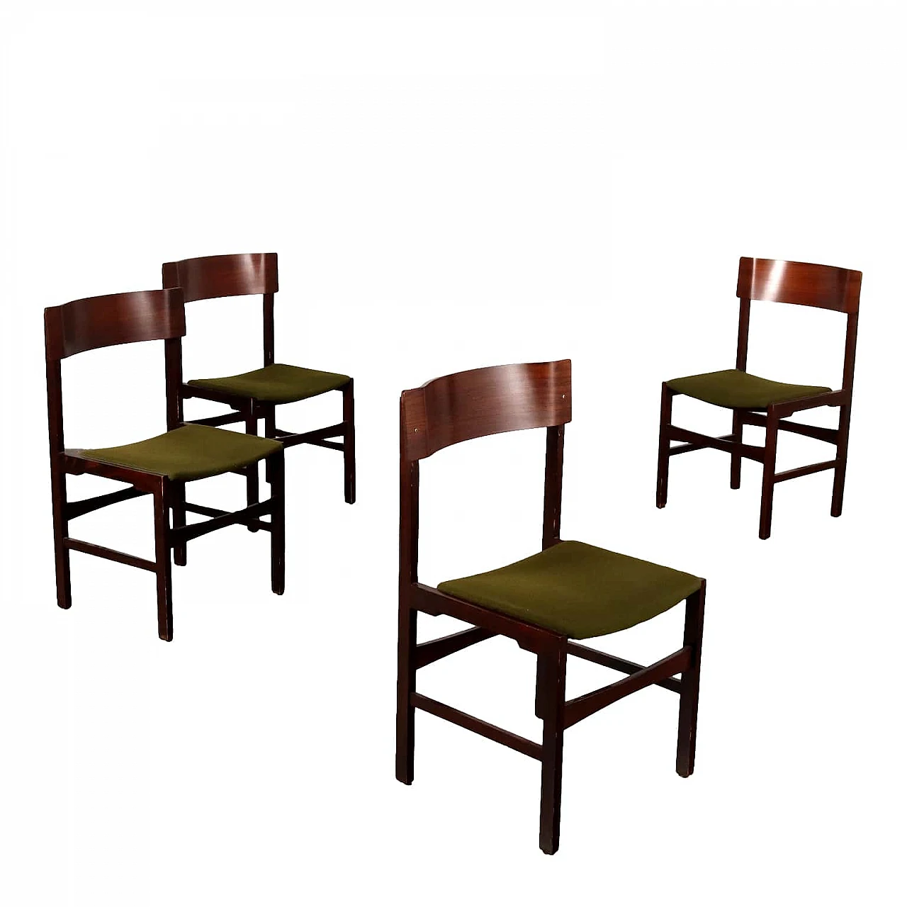 4 Sedie in faggio tinto e seduta imbottita con tessuto verde, anni '60 1