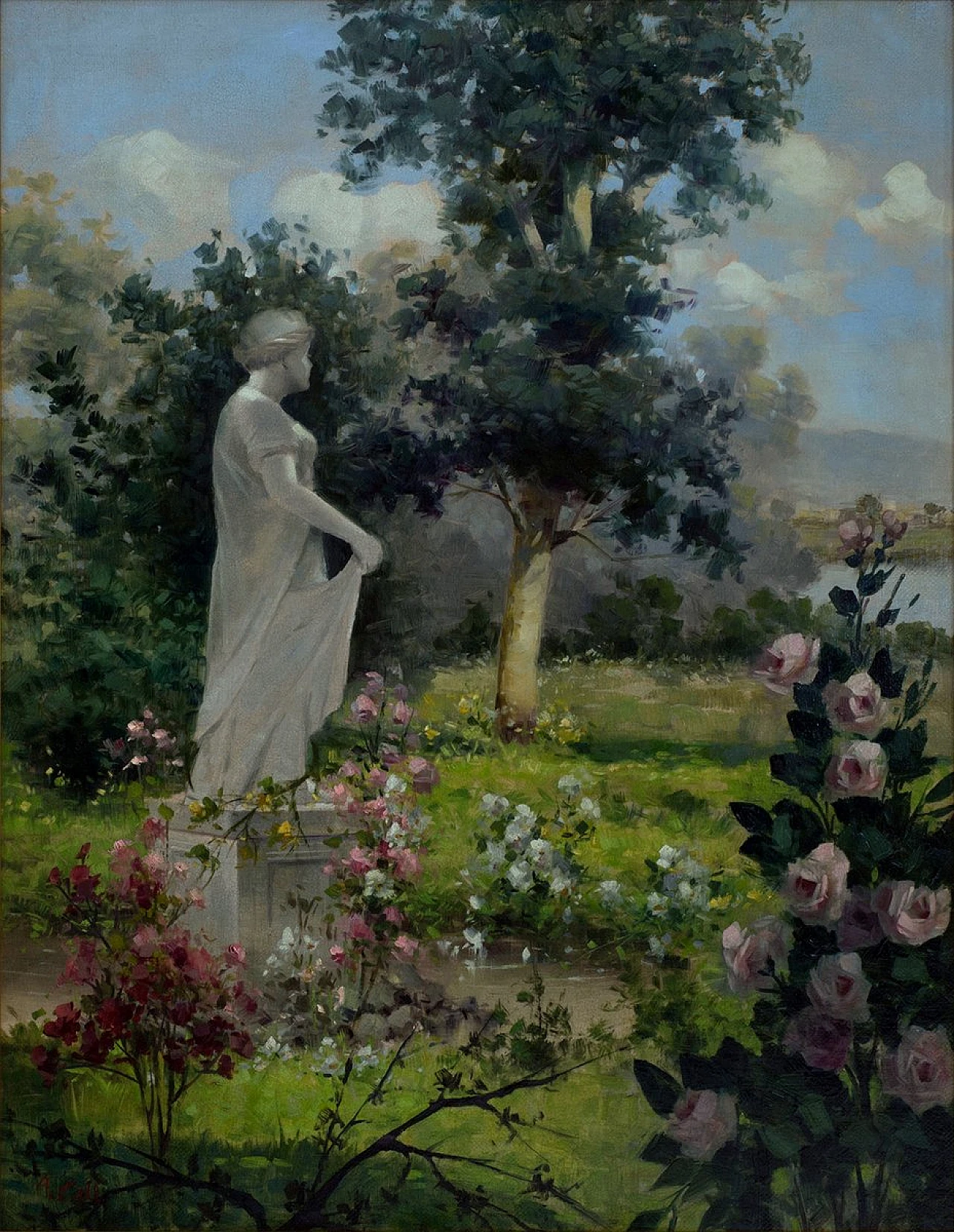 Giardino di Antonio Celli, olio su tela con cornice, anni 2000 2