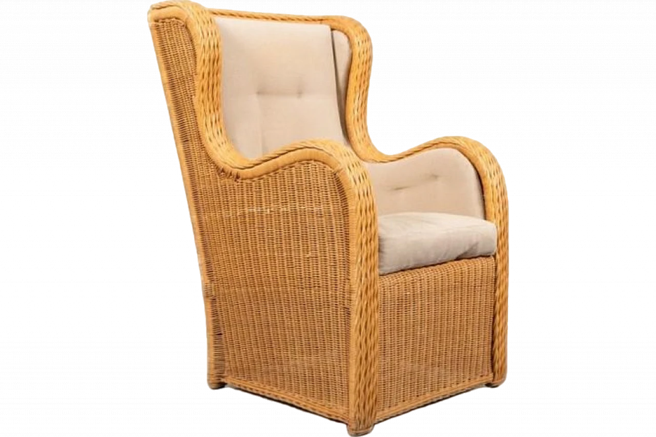Vintage wicker and fabric lounge armchair, 1980s 11