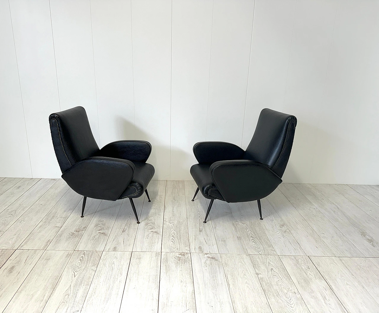 Pair of leather and metal armchairs, 1950s 4