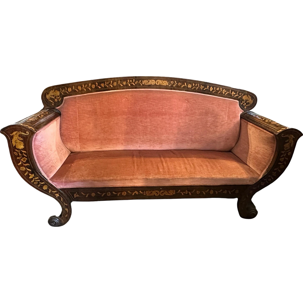 Sicilian wood and pink velvet sofa by Charles X, 19th century 16