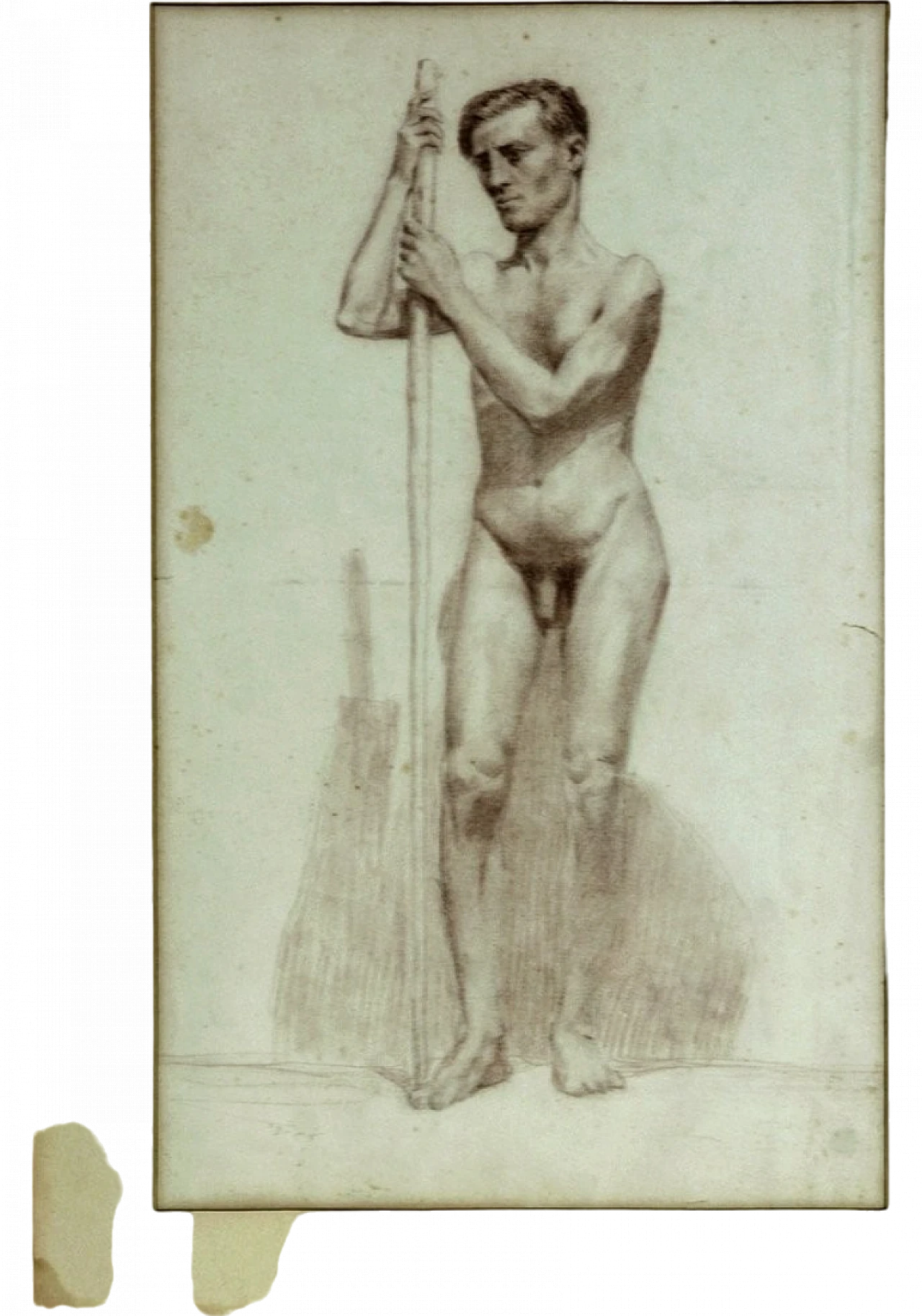 Studio accademico di nudo maschile con bastone, matita su carta, '800 6