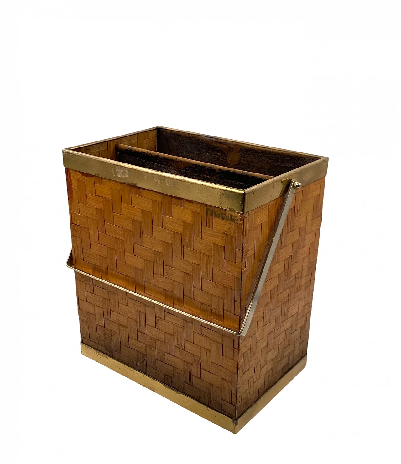 Hollywood regency brass and woven bamboo magazine rack, Metal Linea No 1