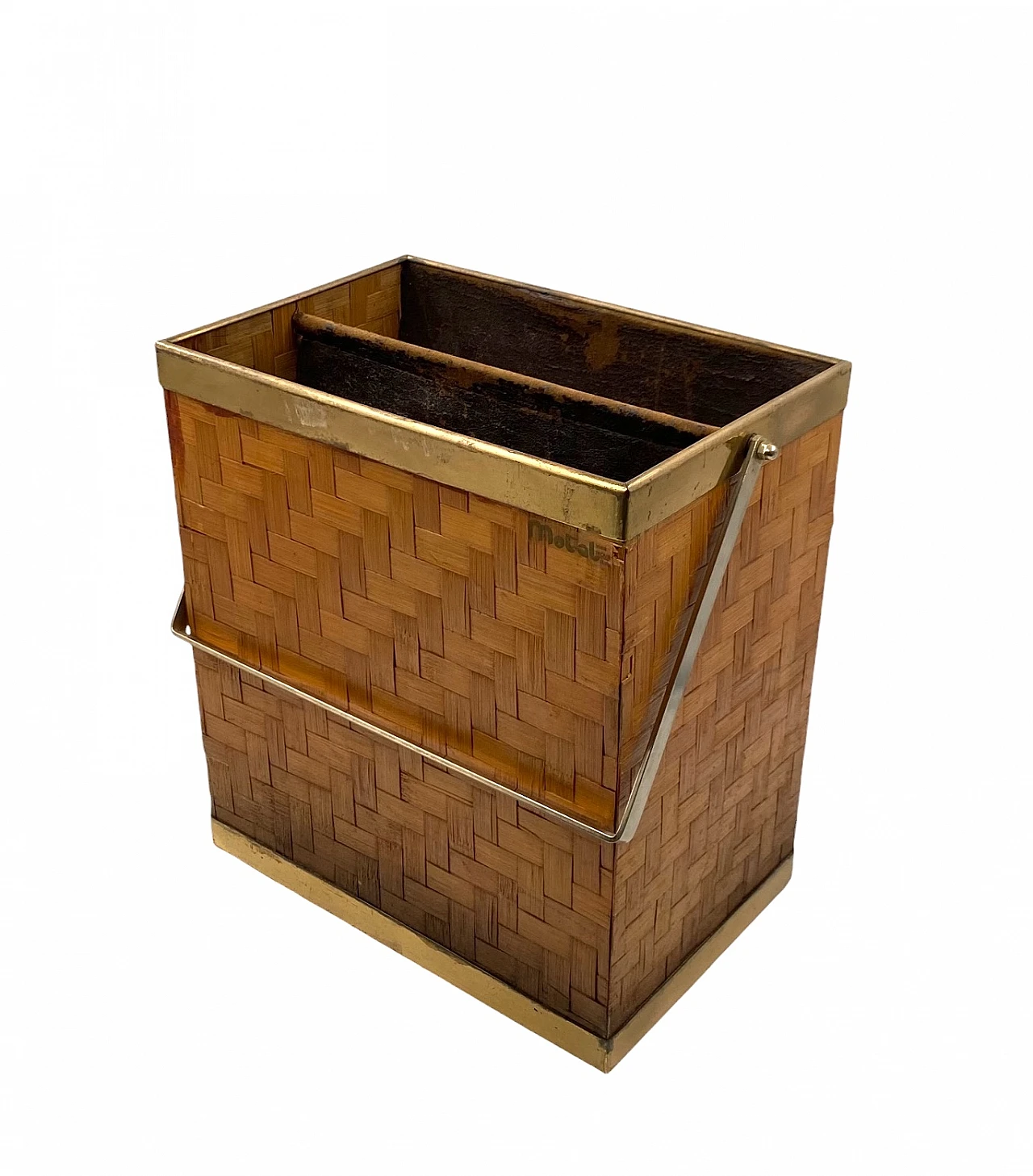 Hollywood regency brass and woven bamboo magazine rack, Metal Linea No 2